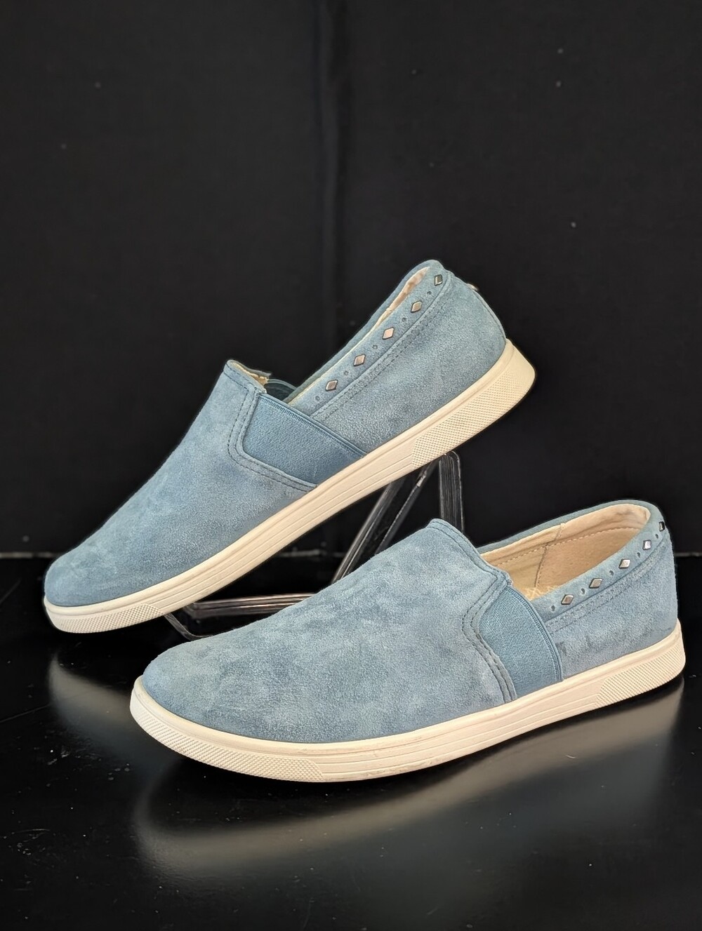 Spenco Blue Suede Slip On Sneakers Womens 7.5 B EU 38 Studded Comfort Coastal